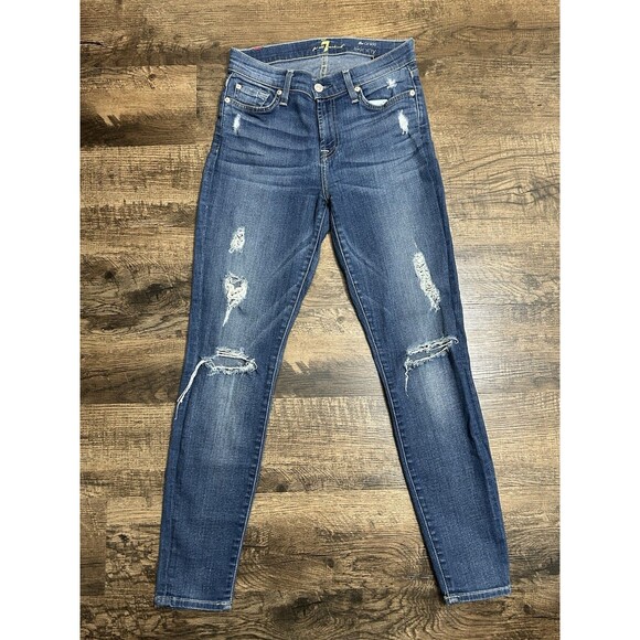 7 For All Mankind Jeans Women 25‎ The Ankle Skinny Distressed Blue Stretch Denim - Picture 7 of 10